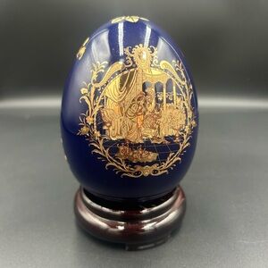 Vintage Limoge Cobalt Blue & Gold Porcelain Egg With Wood Stand